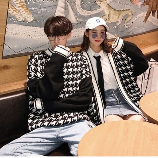 Áo khoác len cặp đôi nam nữ họa tiết houndstooth big size thời trang Hàn Quốc mới nhất 2019. AK1901