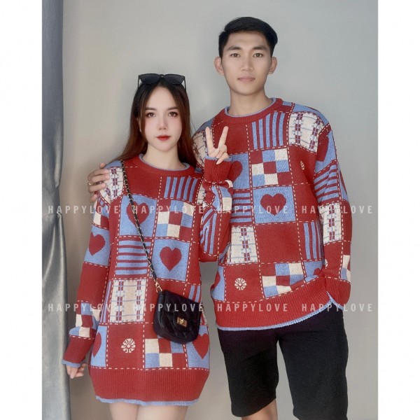 Áo len cặp nam nữ đồ đôi mùa đông màu đỏ đô HAPPYLOVE đi chơi du lịch hàng Quảng Châu M049